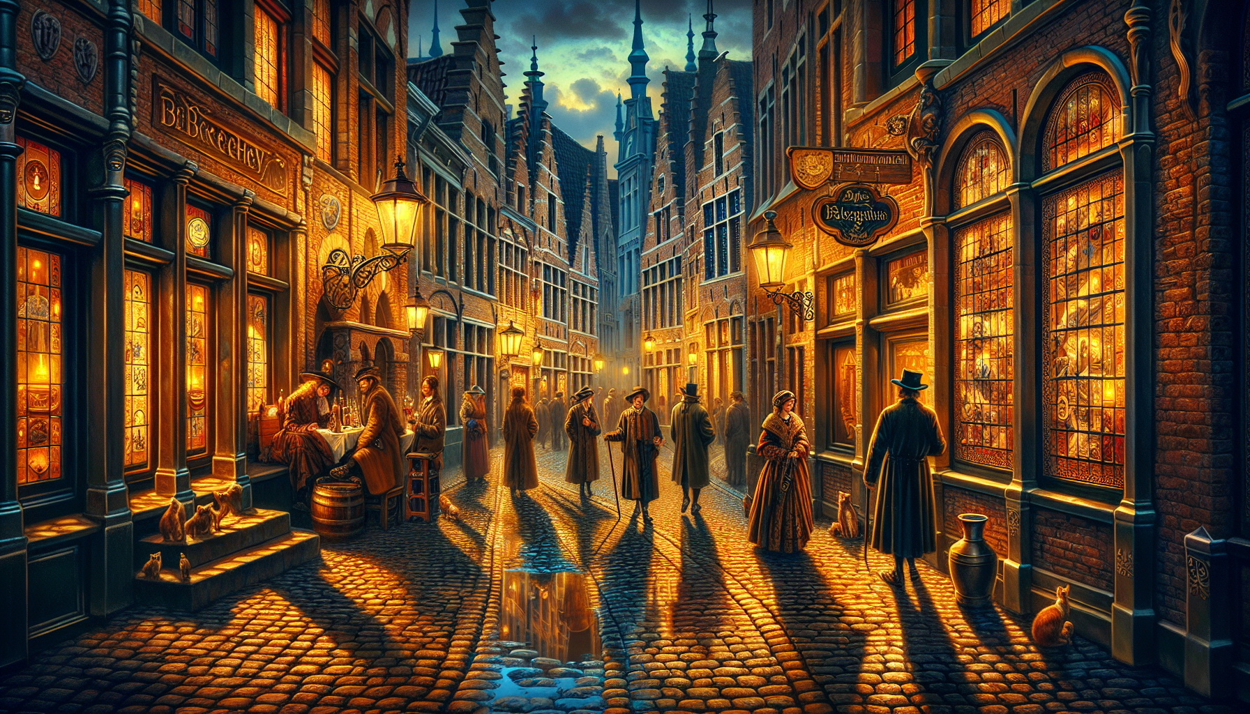 Ruelle typique de Bruges au crépuscule, reflets sur les pavés mouillés rappelant les tableaux flamands