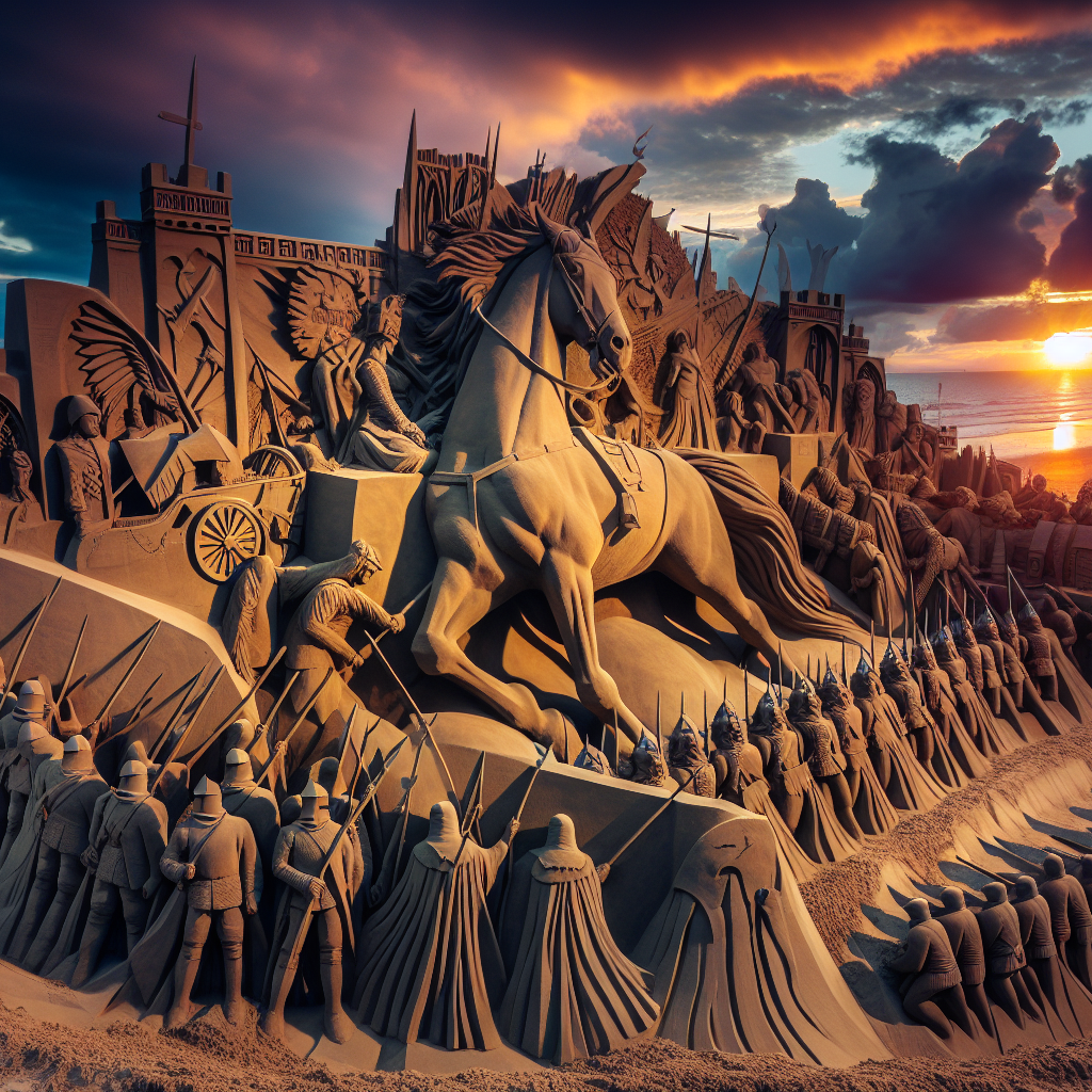 La danse des ombres : l'impact des sculptures de sable sur l'art éphémère des rives de la Manche pendant la guerre des Deux-Roses.