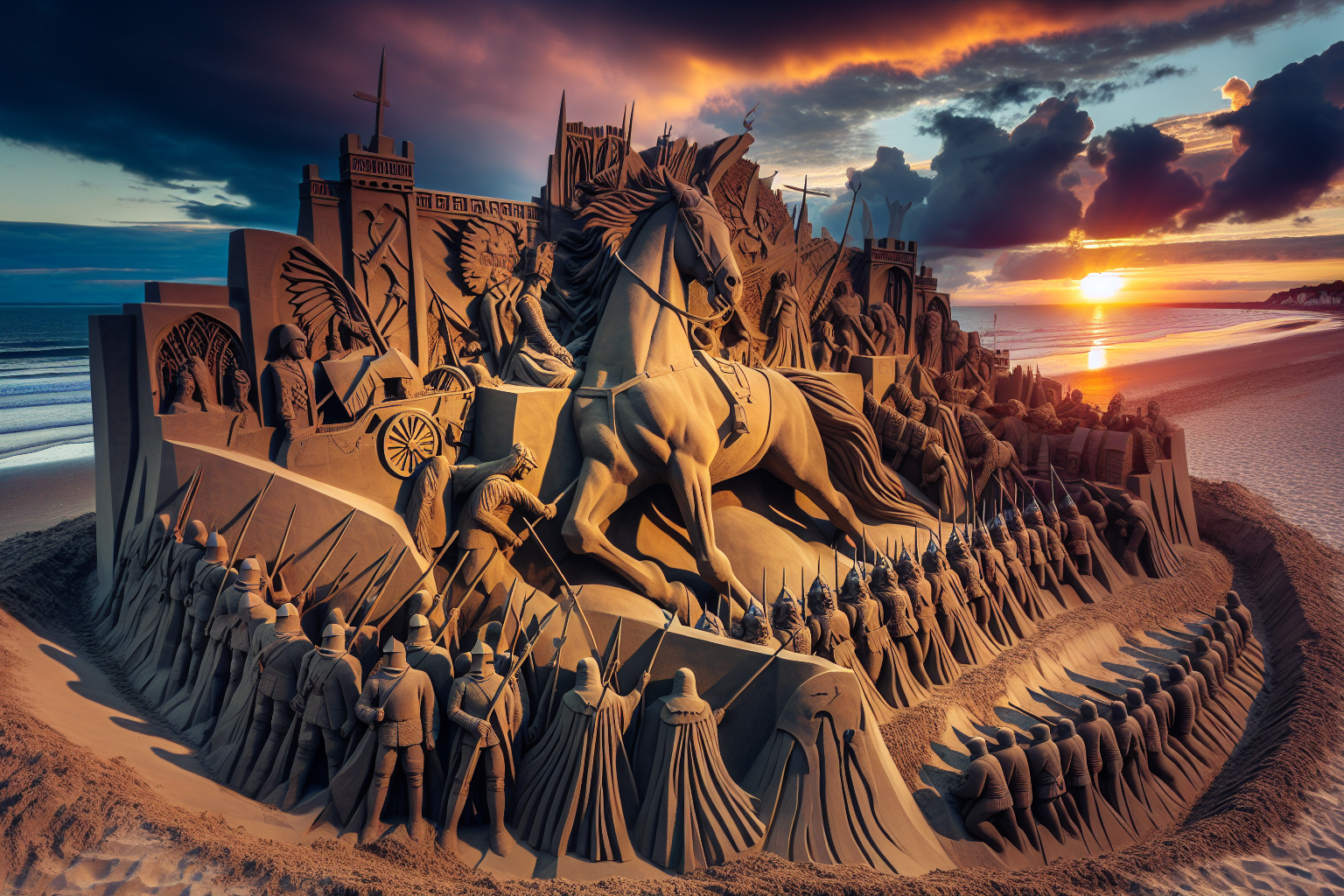 La danse des ombres : l'impact des sculptures de sable sur l'art éphémère des rives de la Manche pendant la guerre des Deux-Roses.