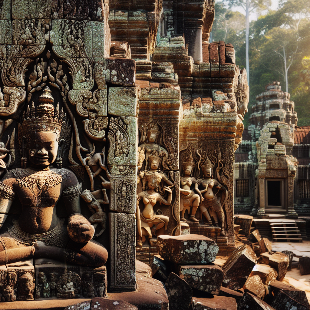 Sculptures monumentales en pierre des temples khmers d'Angkor : l'art fascinant du 9e au 13e siècle au Cambodge