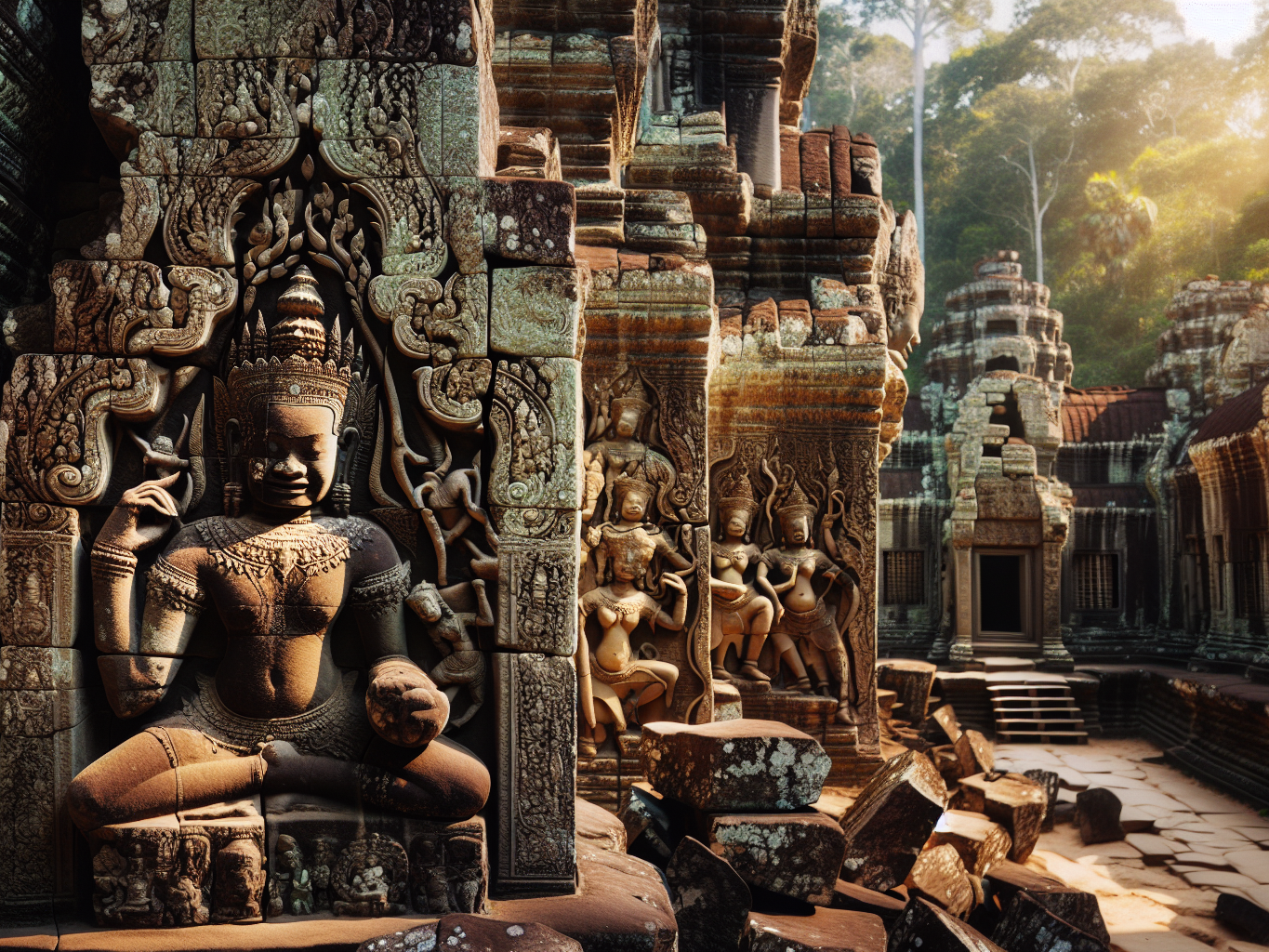 Sculptures monumentales en pierre des temples khmers d'Angkor : l'art fascinant du 9e au 13e siècle au Cambodge