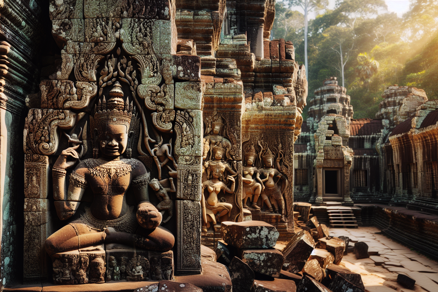 Sculptures monumentales en pierre des temples khmers d'Angkor : l'art fascinant du 9e au 13e siècle au Cambodge