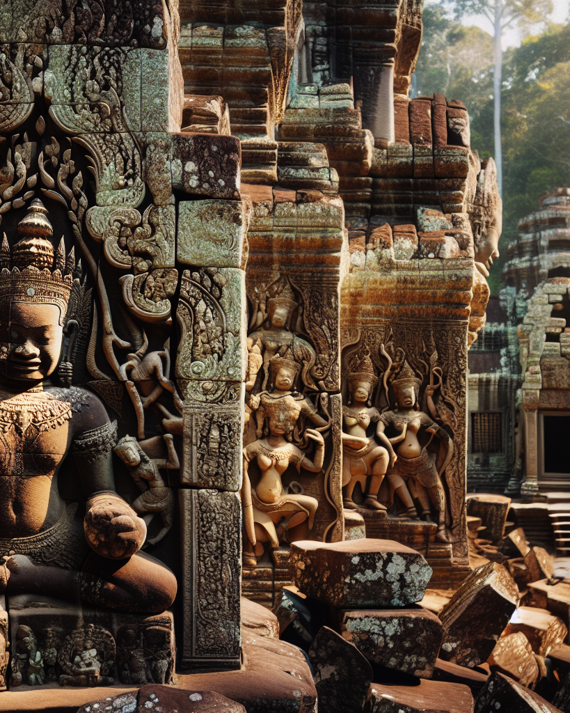 Sculptures monumentales en pierre des temples khmers d'Angkor : l'art fascinant du 9e au 13e siècle au Cambodge