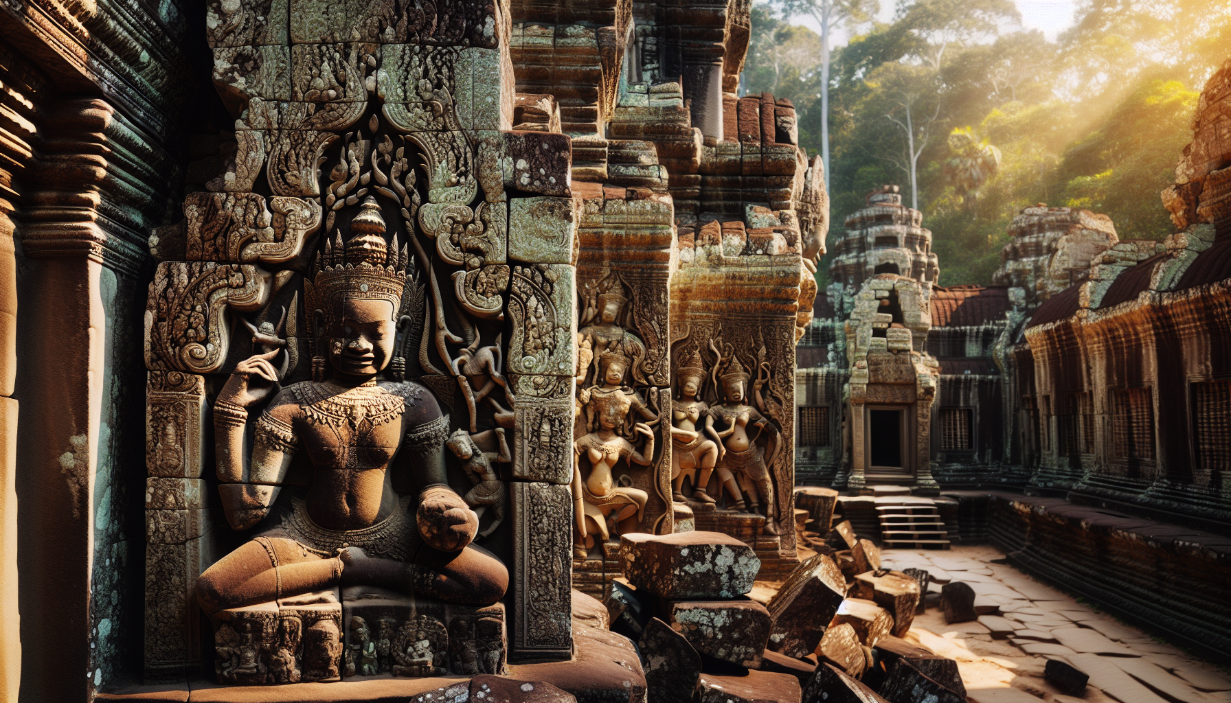 Sculptures monumentales en pierre des temples khmers d'Angkor : l'art fascinant du 9e au 13e siècle au Cambodge